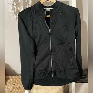 Athleta Black Performance Zip-Up Jacket – Size M, Reflective Trim, Sculpting Fit